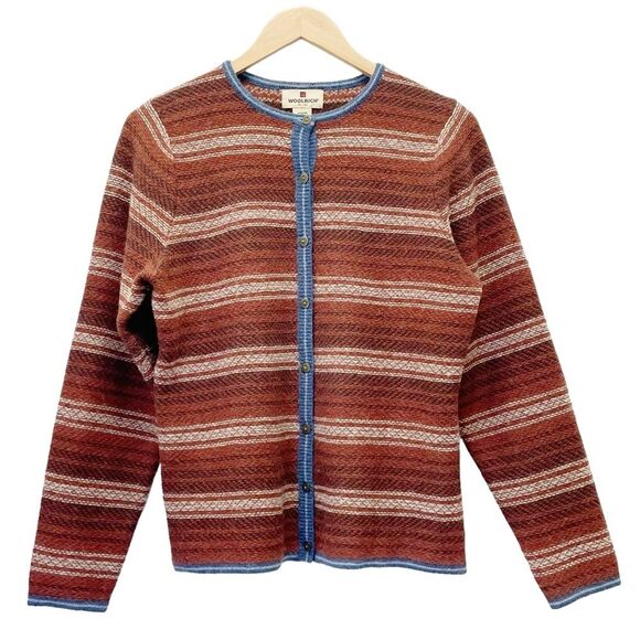 Vintage Woolrich Sweater Rust Striped Wool Button Front Cardigan Size Medium - Picture 1 of 11